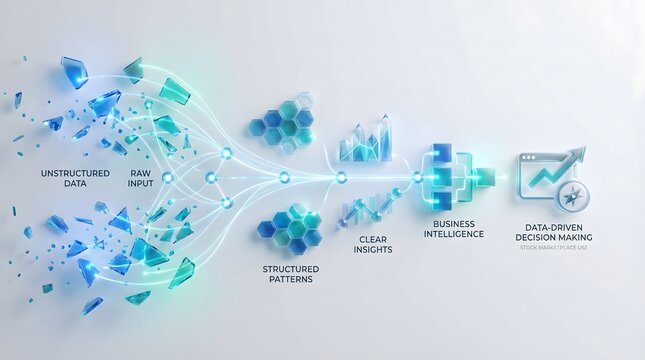 Data Transformation from Raw Input to Business Intelligence Insights.A clean abstract flow showing transformation of unstructured data into structured insights and business intelligence.
