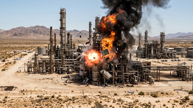 After missile attack oil refinery complex on fire and exploding in a desert landscape with industrial complex explosion site industrial zone explosion industry