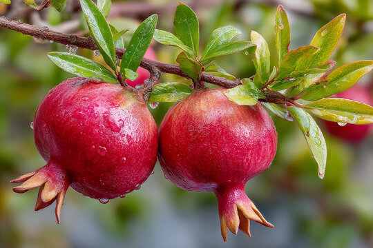 Red Pomegranates on tree branch in garden, copy space