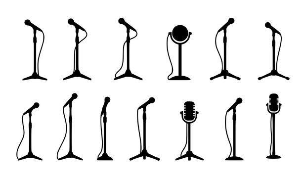Microphone stand silhouettes vector set audio equipment icons isolated on white