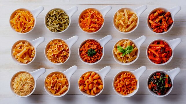 e-commerce product shot. Small, neat portions of ten different exotic or gourmet pasta shapes (like strozzapreti, casarecce, gigli) are placed in individual white ceramic bowls