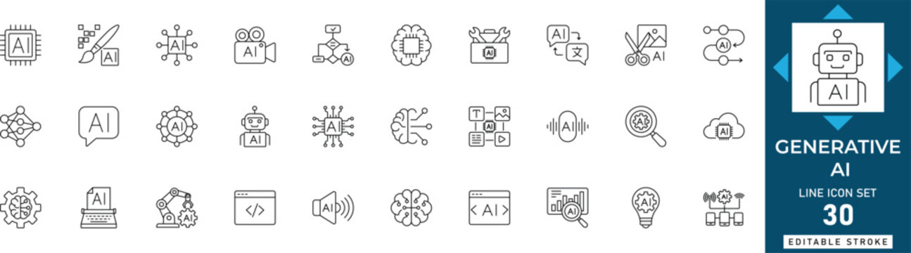Generative AI line icon set featuring artificial intelligence, machine learning, chatbot, neural network, creativity, robot, and automation. Professional editable vector illustration