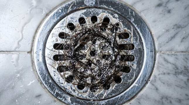 Clogged shower drain with hair and soap scum buildup visible
