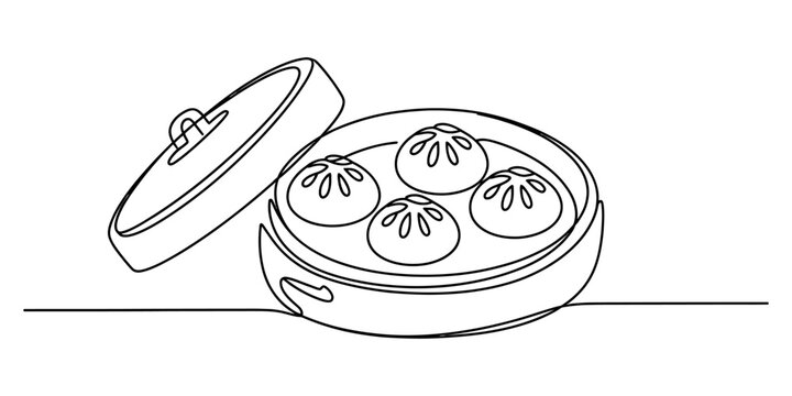 Continuous line drawing of traditional chinese dumplings in a bamboo steamer with an open lid Vector, illustration