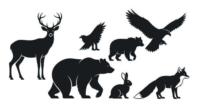 Group of diverse wild animal silhouettes including a powerful deer, strong bears, agile rabbit, cunning fox, and soaring eagles on an isolated white background.