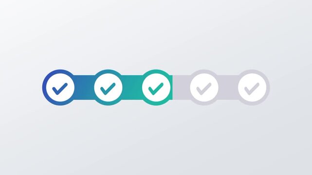A horizontal row of five teal filled circular checkmark icons indicating all tasks or steps have been successfully completed in a process