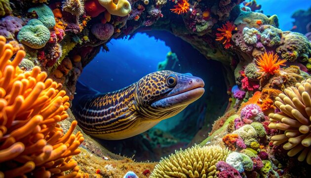 moray eel in coral reef underwater.