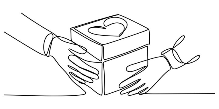 Single line art illustration of two hands holding a gift box with a heart symbol for donation Vector, illustration