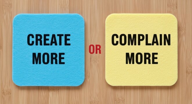 Motivational mindset choice concept, Create More or Complain More text on blue and yellow cards, productivity and attitude decision on wooden background