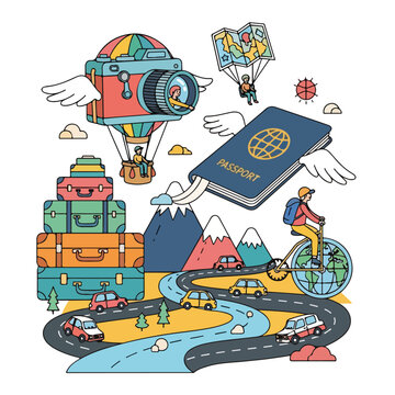 A colorful travel illustration with luggage, vehicles, and modes of transport
