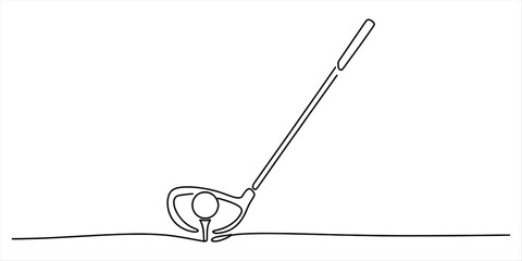 Minimalist continuous line drawing of a golf club hitting a ball on a tee for sport design. Vector, illustration © Kailash Roy