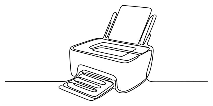 Continuous line drawing of a computer printer with paper tray on white background Vector, illustration