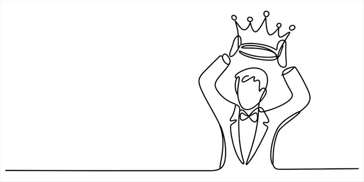 Continuous line drawing of a man in a formal suit putting a golden crown on his head. Vector, illustration