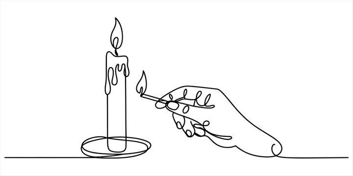 Single line art drawing of a human hand lighting a tall candle with a burning matchstick Vector, illustration