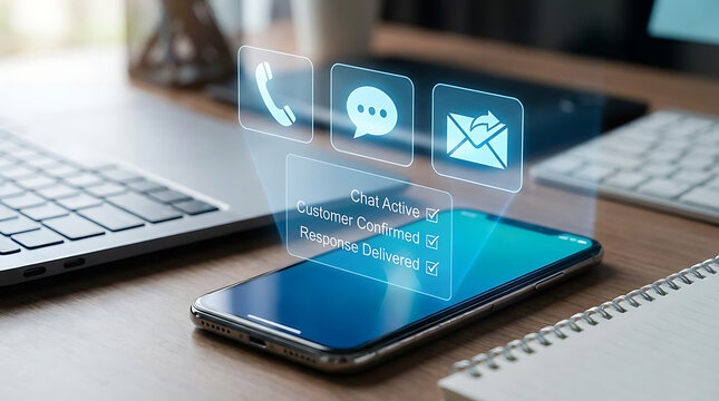 Smartphone with communication icons on screen on a desk with laptop and notebook representing mobile technology and connectivity