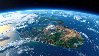Fototapeta premium Earth view island with coast, cities, brown lands, and clouds. Wide-angle shot