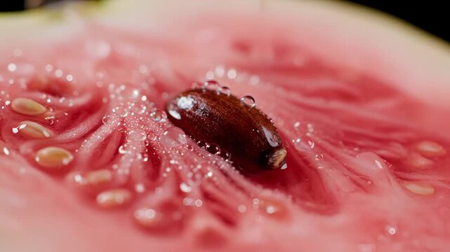 Closeup of a Watermelon Seed Being Placed on Juicy Flesh.