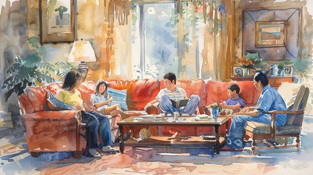 A watercolor painting of a family spending quality time together in a cozy living room, representing the importance of love and belonging