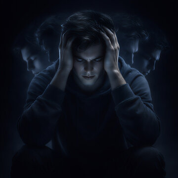 Man holding head in stress with multiple ghosted faces representing mental struggle