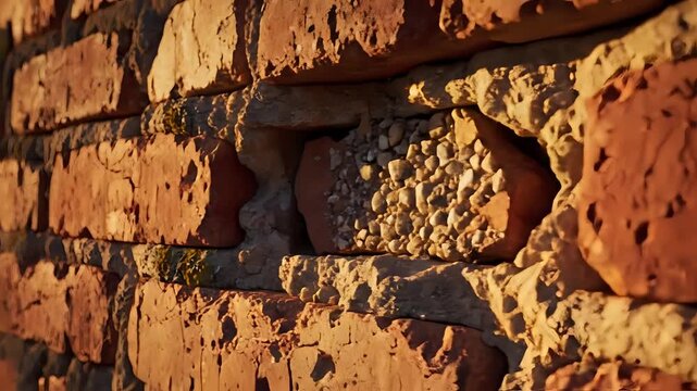Closeup view of an old weathered brick wall texture with warm sunlight.