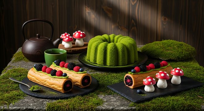 A mystical spread of a moss-green matcha cake, berry-filled "log" pastries, and mushroom-shaped meringues. A dark wood teapot and green cup on a mossy stone table. Background is a dark pine wall. Dapp
