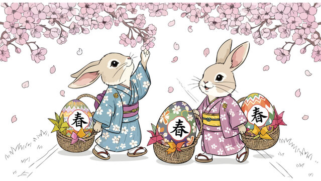 Cute Easter Bunny Rabbits in Kimono with Spring Eggs & Cherry Blossoms