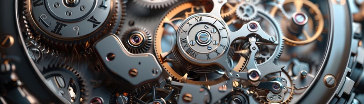 A complex 3D model of a mechanical watch movement, showcasing intricate gears, springs, and other components