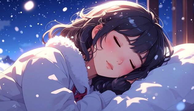 Girl sleeps peacefully in winter scene