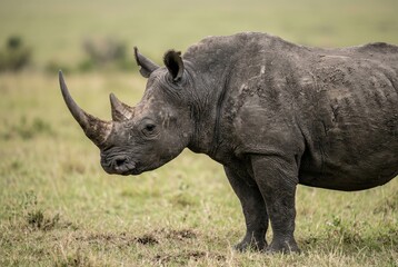 Obraz premium Massive black rhinoceros standing alone on wild green grassland in a vast natural safari reserve