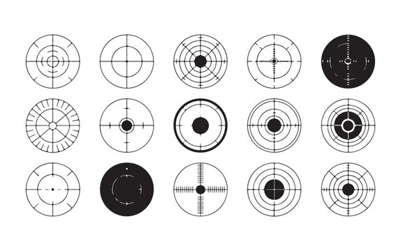 Set of various targeting reticles and crosshair designs for aim and precision in scope and weapon sights.