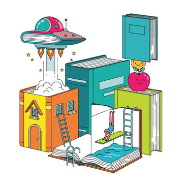 A colorful whimsical scene with stacked books