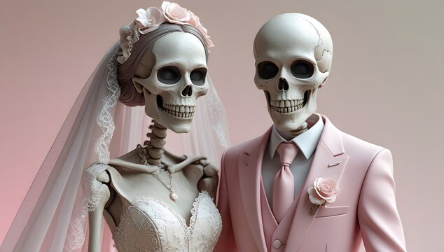 Skeletons in the bride groom wedding dress on the pink background for a reative stranger mock up trending Halloween pa