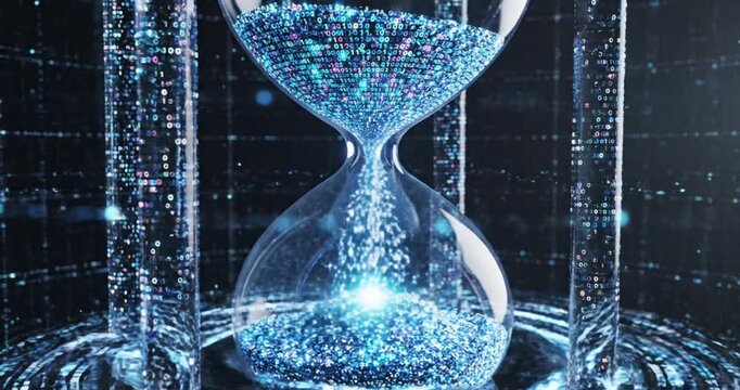Digital hourglass with flowing particles representing time management in a tech environment