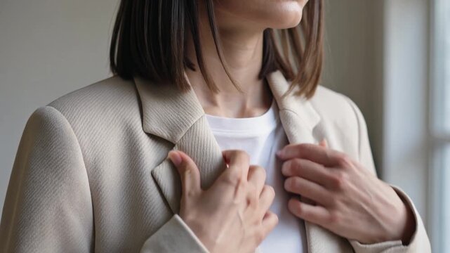 Woman adjusting beige blazer and white t-shirt clothing fashion outfit apparel