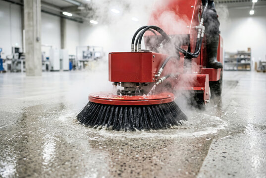 Red industrial floor scrubber machine cleaning a wet concrete surface with steam