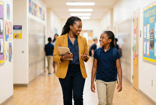Female teacher walking with student in school hallway