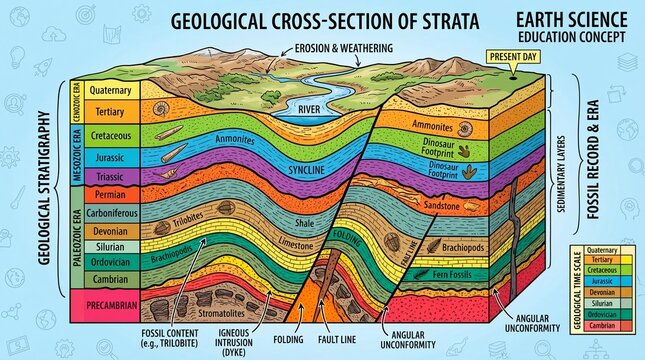 Colorful geological cross-section illustrating Earth's strata, fossil records, and key processes like erosion, folding, and faulting across geologic eras.