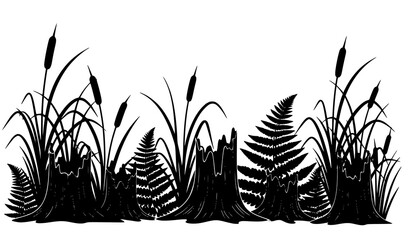 Artistic swamp vegetation silhouette vector reeds grass ferns riverbank landscape set © abdul