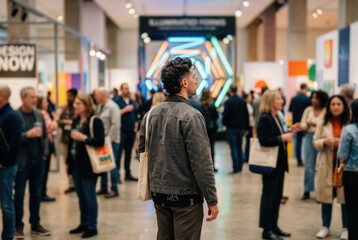 Fototapeta premium Young man attending modern art design exhibition with diverse crowd