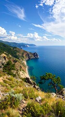 Fototapeta premium A serene coastal landscape with a tree on a cliff