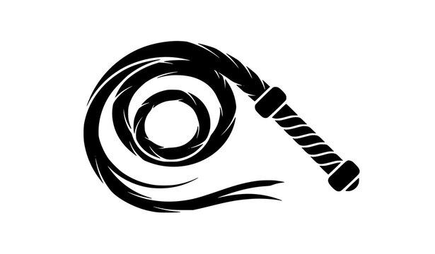 Leather whip icon vector black silhouette coiled whip isolated on white