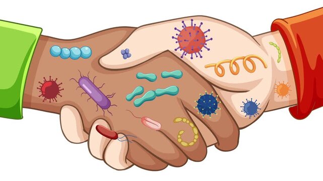 Two different skin tone hands shaking showing spread of germs and viruses clip.