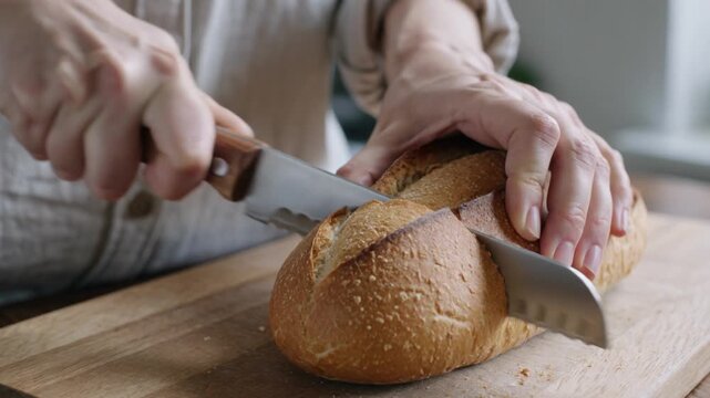 Slicing a loaf of bread with a serrated knife cutting food preparing bakery