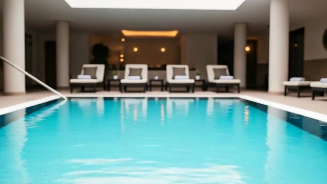 Indoor Swimming Pool With Inviting Blue Water Deck Chairs Lamps In The Background Relaxation Scene Showcasing Leisure Spa Vibes For Luxury Wellness-related Content