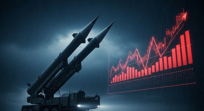 A missile launcher with a red graph and chart in the background, symbolizing military and financial power