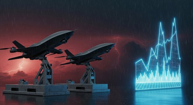 Two futuristic missiles on launch pads with a neon graph in the background during a stormy sunset
