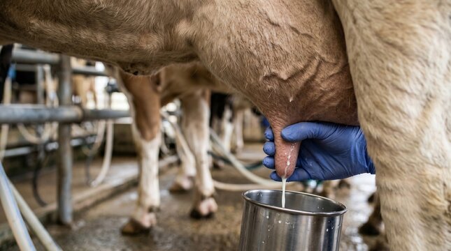 Farmer Milking Dairy Cow Udder with Gloved Hand, Fresh Milk Pouring into Pail