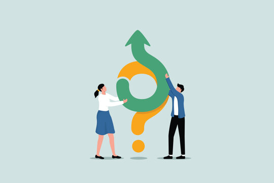 Collaboration within a company to achieve business success, or solve problems, male and female businesspeople place the solution arrow on the question mark which is the symbol of the problem.