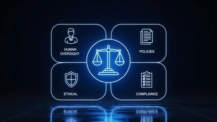 Fototapeta premium Digital illustration of legal and ethical concepts including human oversight policies compliance and ethical standards in a futuristic style