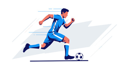 Dynamic illustration of a male soccer player in a blue uniform running with a football, depicting speed and action on the field. © Ngeluspupu